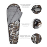 Where Tomorrow Camping Schlafsack Classic Camouflage Grau, Mumienschlafsack mit wasserabweisendem Außenmaterial und Packsack, 230 x 80 x 55 cm
