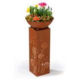 Hoberg LED Pflanzsäule in Rost-Optik 19x19x72 cm mit Pusteblumen-Design, LED-Beleuchtung und abnehmbarer Pflanzschale.