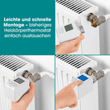 EASYmaxx Heizkörperthermostat Digital an Heizkörper montiert, zeigt beleuchtetes Display für einfache Bedienung und schnelle Installation.