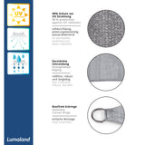LUMALAND Sonnensegel 100% HDPE mit Stabilisator, dreieckig 5x5x5m, UV-Schutz, reißfest, luftdurchlässig, rostfreie Eckringe, hellgrau.