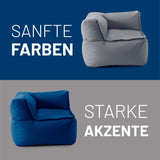 LUMALAND Sitzsack-Sofa Ecke 340 L in Grau und Blau, modulare Verbindung, extrastark und pflegeleicht mit verdeckten Reißverschlüssen.