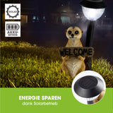 EASYmaxx Solarleuchte Erdmännchen mit Laterne und Welcome-Schild, solarbetrieben mit LED-Licht und Dämmerungssensor.