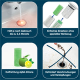 Abfluss-Fee Duftstein für LED-Abflussstopfen, Apfel-Zitrone Duft, verhindert Verstopfungen, einfache Nachfüllung ohne Werkzeug, bis zu 2,5 Monate Haltbarkeit.