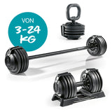 #DoYourFitness verstellbare Multifunktionshantel als Kettlebell, Kurz- und Langhantel von 3 bis 24 kg für vielseitiges Training.