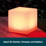 EASYmaxx Solar-Leuchte Dekowürfel - weiß, moderner Solar-LED-Würfel mit warmweißem Licht und Farbwechsel, wetterfest und mit Fernbedienung.