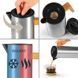 BEEM Isolierkanne - 1 L, doppelwandig, auslaufsicher, mit Holzgriff und hitzebeständigem Cool-Touch-Design, hält Getränke 12 Stunden warm/kalt.