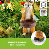EASYmaxx Solarleuchte Erdmännchen als Vogeltränke mit Solarbetrieb, 2 LEDs, Vogelpaar und Welcome-Schriftzug.