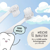 Zwei Zahnbürsten mit weichen Borsten und einem lächelnden Zahn-Cartoon auf blauem Himmelshintergrund mit Wolken.