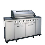 GRILLCHEF Gasgrillküche 6 BR + SB - 121 cm silber mit 6 Edelstahlbrennern, emaillierten Gusseisenrosten und ausklappbarem Seitentisch.