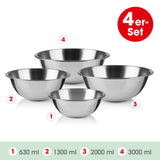 GOURMETmaxx Edelstahl-Schüsseln rund 4er-Set stabile, stapelbare Edelstahlschüsseln zum Zubereiten, Servieren & Aufbewahren, spülmaschinengeeignet.
