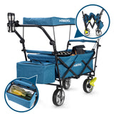 HOBERG faltbarer Bollerwagen mit Dach, robust, faltbar, inkl. Kühltasche, Getränkehalter und 360° Vorderräder in Blau.