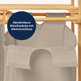 LUMALAND Bambus Wäschekorb mit 2 ausziehbaren, abnehmbaren Wäschesäcken mit praktischem Klettverschluss, grau.