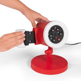 LED-Motivstrahler Projektor FC BAYERN MÜNCHEN mit Indoor-Sockel, rotem Design, projiziert das FCB-Logo innen und außen.