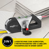 MAXXMEE Laser-Waage - Ausrichten per Laser bis 10 m, 3-m-Maßband und 2-Libellen-Wasserwaage mit Saugnapf auf Fliesen.