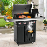 LANDMANN Gasgrill FRYTON 4.1 cooK mit Heißluftfritteuse, 4 Brenner, Seitenbrenner und modularen Grillrosten im Einsatz.