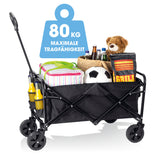 EASYmaxx Bollerwagen mit kleinen Rädern, faltbar, schwarz, bis 80 kg belastbar, stabiler Stahlrohrrahmen, witterungsbeständig und praktisch.