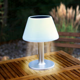 EASYmaxx Solar-Tischleuchte aus Edelstahl mit weißem Lampenschirm und warmweißem LED-Licht, Höhe ca. 29 cm, mit An- und Ausschalter.