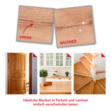 EASYmaxx Reparatur-Set Laminat & Parkett - 19-tlg. zeigt Vorher-Nachher Reparatur von Holzoberflächen bei Türen und Böden.
