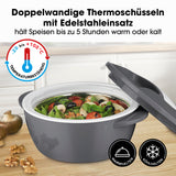 MAXXMEE Thermo-Schüssel Mikrowelle grau/weiß, 1400 ml, doppelwandig mit Edelstahleinsatz, hält Speisen bis zu 5 Stunden warm oder kalt.