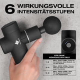 FitEngine Mini Massage Gun mit 6 Intensitätsstufen und 4 Aufsätzen zur gezielten Muskelregeneration für Nacken, Waden und Rückenstrecker.