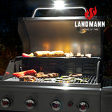 LANDMANN LED-Grilllampe beleuchtet Grillgut präzise mit magnetischer Befestigung, Akku und Timerfunktion für perfektes Grillen bei Nacht.