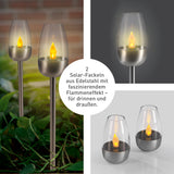 GARVIDA Solar-Fackel mit Flammeneffekt - 2er-Set aus Edelstahl, IP44, automatischer Dämmerungssensor, ideal für Garten und Terrasse.