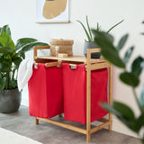 LUMALAND Bambus Wäschekorb mit 2 ausziehbaren roten Wäschesäcken, 73 x 64 x 33 cm, wasserabweisend und stilvoll.