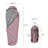 Where Tomorrow Camping Schlafsack Small & Light in Rose, wasserabweisend, leicht, mit Packsack, Maße 220x80x50 cm, für bis -5 °C.