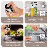 GOURMETmaxx Sprühflaschen - Für Essig & Öl - 2er-Set mit Sprüheffekt, Anti-Rutsch-Deckel und Reinigungsbürste, 100 ml Inhalt.
