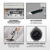 MAXXMEE Akku-Zyklon-Staubsauger PLUS mit Mikrofaserbürste in Silber/Schwarz mit LED-Düse, Verlängerungsrohr und digitalem Touch-Display.