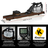 FitEngine Wasser-Rudergerät Smart + Herzfrequenzmesser | dunkelbraun mit Wasserwiderstand, Trainingscomputer und Kinomap Wireless Verbindung.