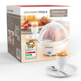 GOURMETmaxx Eierkocher für 7 Eier, weiß, mit transparentem Deckel, herausnehmbarem Halter und beleuchtetem Ein-/Ausschalter.