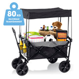 EASYmaxx Bollerwagen mit Dach faltbar in Anthrazit/Schwarz, mit 360° drehbaren Vorderrädern und 80 kg Tragfähigkeit.