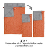 Where Tomorrow Doppelschlafsack mit Tragetasche, 2-Personen, 190x150 cm, orange, teilbar in 2 Einzelschlafsäcke.