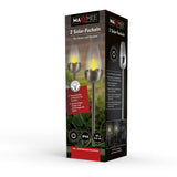 MAXXMEE Solar-Fackel 2er-Set silber mit Flammeneffekt, Solarpanel, IP44, ideal für Garten, Terrasse und Balkonbeleuchtung.