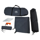 Where Tomorrow - Pop up Kuppelzelt für 3 Personen mit Tasche, Heringen und Aufbauzubehör, schnell und kompakt verpackt in Grau.