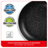Antihaftbeschichtete, schwarze Bratpfanne mit Qualitäts- und PFOA-freien Etiketten auf weißem und rotem Hintergrund.