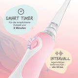 Rosa-weiße elektrische Zahnbürste mit Tasten und deutschem Text zu Smart-Timer- und Intervallfunktionen.