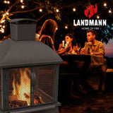 LANDMANN Feuerkorb FP-I-660 - 66 cm - schwarz mit Gitternetz, Schwenktüren und Schornstein für besseren Rauchabzug im Gartenabend.