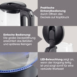 GOURMETmaxx Glas-Wasserkocher LED 1,7l schwarz matt mit großer Deckelöffnung, Einhandbedienung und blauer LED-Beleuchtung beim Kochvorgang.