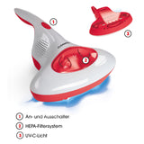 CLEANmaxx Akku-Milben-Handstaubsauger mit UV-C-Licht in rot/weiß, mit HEPA-Filter und UV-C-Licht zur Oberflächensterilisation.