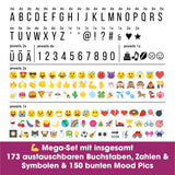 EASYmaxx LED-Leuchtkasten Einhorn mit 173 austauschbaren Buchstaben, Zahlen, Symbolen und 150 bunten Moodjis für individuelle Textbotschaften.