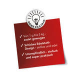 MAXXMEE Digital-Küchenwaage mit grammgenauem Wiegen von 1 g bis 5 kg, Edelstahl-Design und praktischer Handhabung.