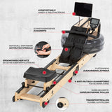 FitEngine klappbares Wasser-Rudergerät 2.0 - Brown mit klappbarer Funktion, Eschenholz, Antirutschpedale und Tablet-Halterung für Home-Gym.