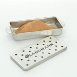 LANDMANN Selection Räucherbox aus Edelstahl mit Deckel und Räuchermehl für Gas- und Holzkohlegrills, Fassungsvermögen ca. 700 ml.