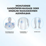 MAXXMEE Shiatsu-Massageauflage Pro mit Timer- und Auto-Off-Funktion zeigt auswählbare Massagezonen für Nacken, Rücken und Beine.