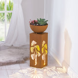 EASYmaxx LED-Dekosäule mit Pflanzschale in Rost-Optik, warmweißes Licht mit Gingko-Motiv, ideal für Garten, Balkon oder Terrasse.