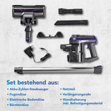CLEANmaxx Akku-Zyklon-Staubsauger anthrazit/lila mit Zubehör wie Fugendüse, Bürstendüse, Bodendüse, Verlängerungsrohr und Netzteil.