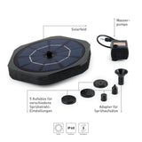 GARVIDA Solar-Gartenfontäne mit 6 Sprühaufsätze, schwarzes Solarfeld, Wasserpumpe, wetterfest IP68, 5 verschiedene Sprühstrahl-Einstellungen.