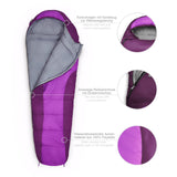 Where Tomorrow Camping Schlafsack Small & Light lila, wasserabweisend, Mumienschlafsack mit Kordelzug, Wärmekragen und Packsack, 220 x 80 x 50 cm